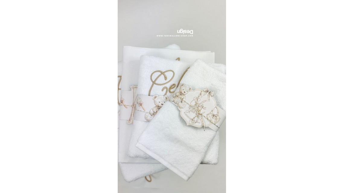 Trusou botez Nude Teddy Bear Toile de Jouy bej crem cu accente light pink și pattern floral vintage 18